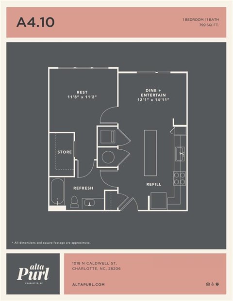 Floor plan for 1 bed, 1 bath, 799 sqft